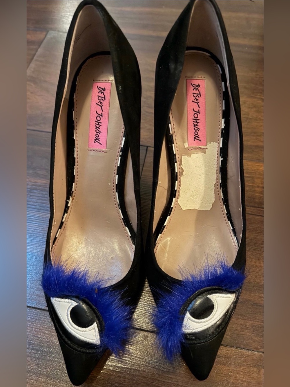 Betsey Johnson Black Pointed Heels with Royal Blue Fur Eye Detail
